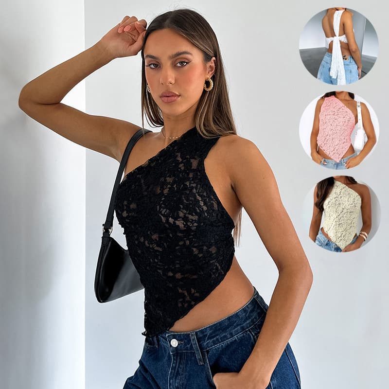 Ins Renda Costas Nuas Top VerãO Liso Color Waistless Asymmetrical Sloped Neck Vest Streetwear Feminino Clothes