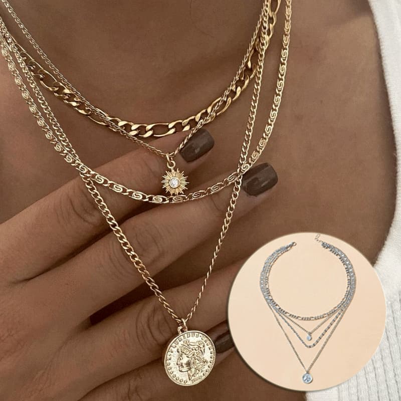 Colar grosso dourado, colar com pingente grosso para mulheres, colar dourado em camadas para mulheres, colar com moeda p