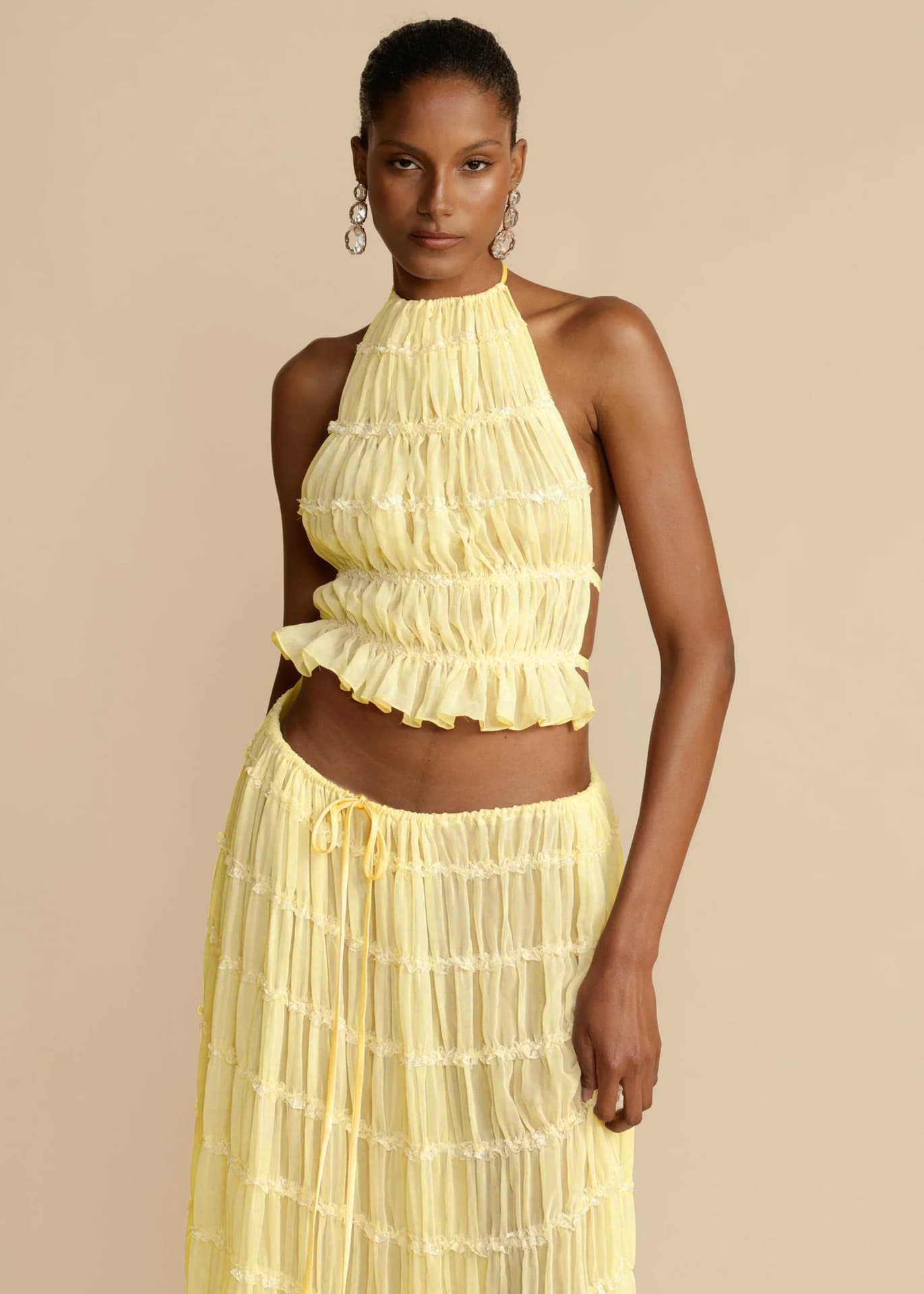 Conjunto Feminino De 2 PeçAs: Top Cropped Sem Mangas Com Decote Nas Costas E Saia Longa Plissada Para Praia.