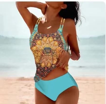 BiquíNi Retrô Com Fenda, Cintura Alta, Estampa De Praia E AlçAs.