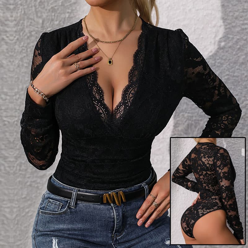 Body feminino Renda Up de manga comprida, decote em V profun 3