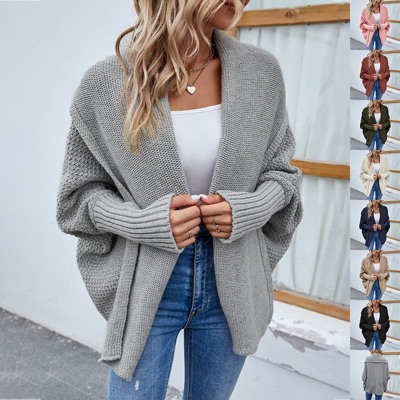 New Solto Knitted SuéTer Liso Color Bat Sleeve Large Lapel Cardigã Autumn And Inverno Moda Jaqueta For Feminino Clothing