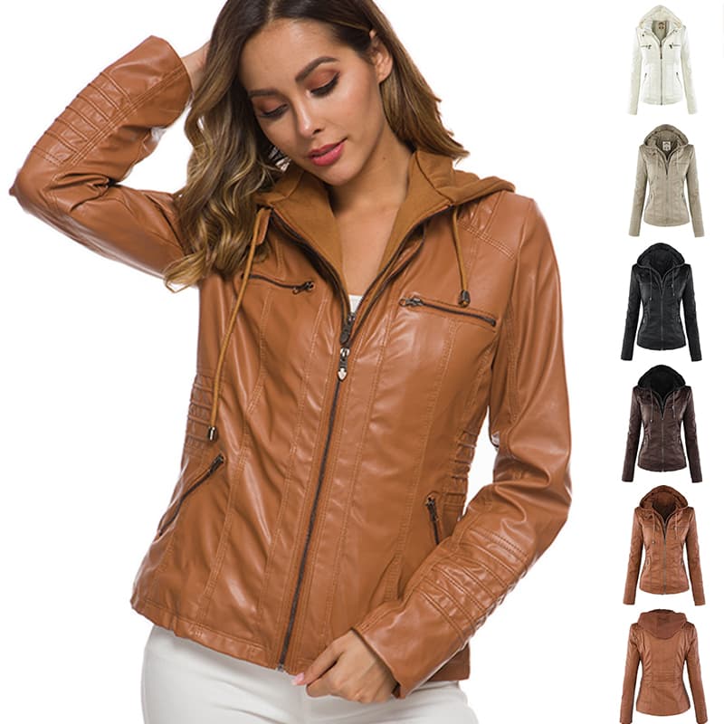 Moda Detachable Hooded Jaqueta With Pockets Casual Liso Color Zipper Longo Sleeve Leather Casaco Autumn Inverno Women'S Clothing