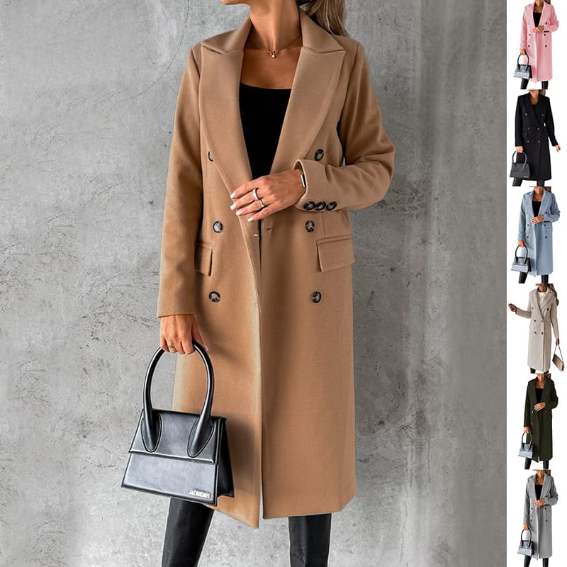 Double Breasted Lapel Casaco Inverno Moda Liso Slim Longo Jaqueta Longo Sleeve Tops Feminino Clothing