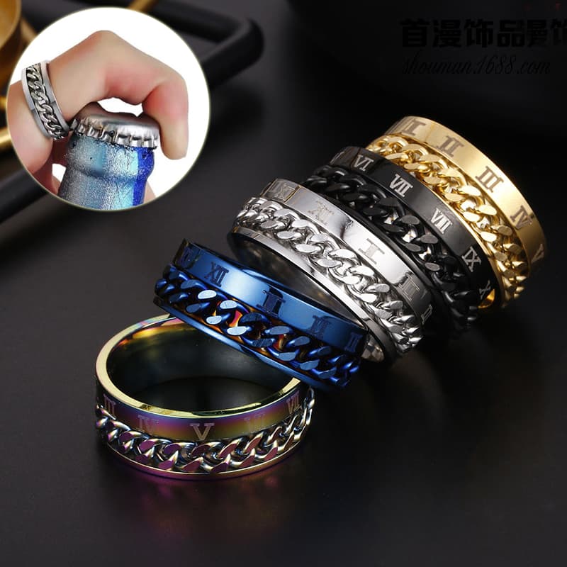Roman Letter Rotatable Chain Rings Men Digital Titanium Stee
