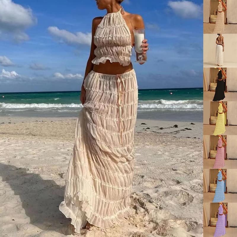 Conjunto feminino de 2 peças: top cropped sem mangas com decote nas costas e saia longa plissada para praia.