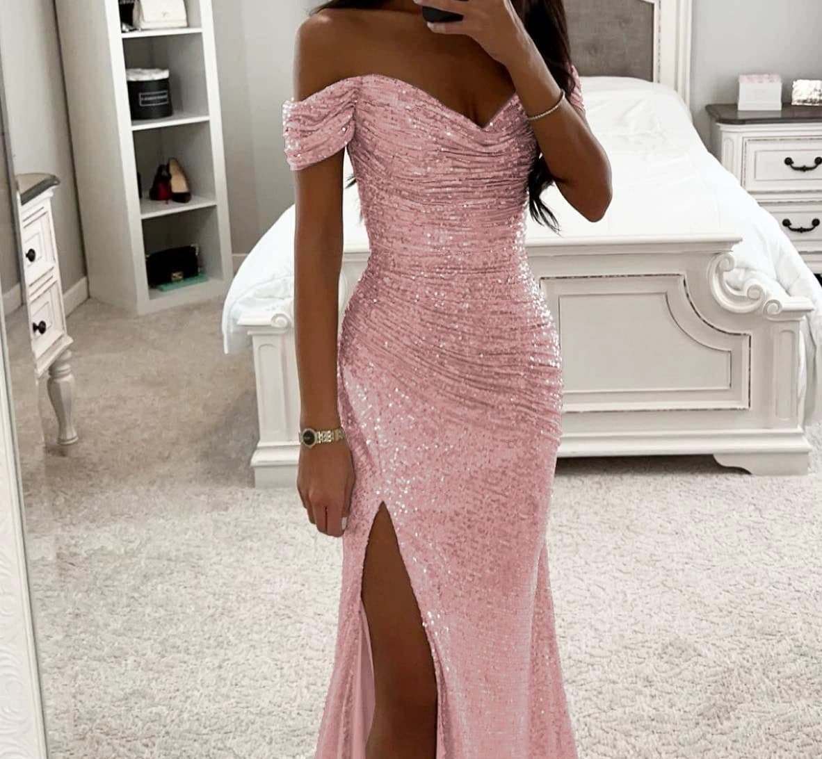 Vestido de festa com lantejoulas, decote ombro a ombro e fenda, modelo casual e elegante 7
