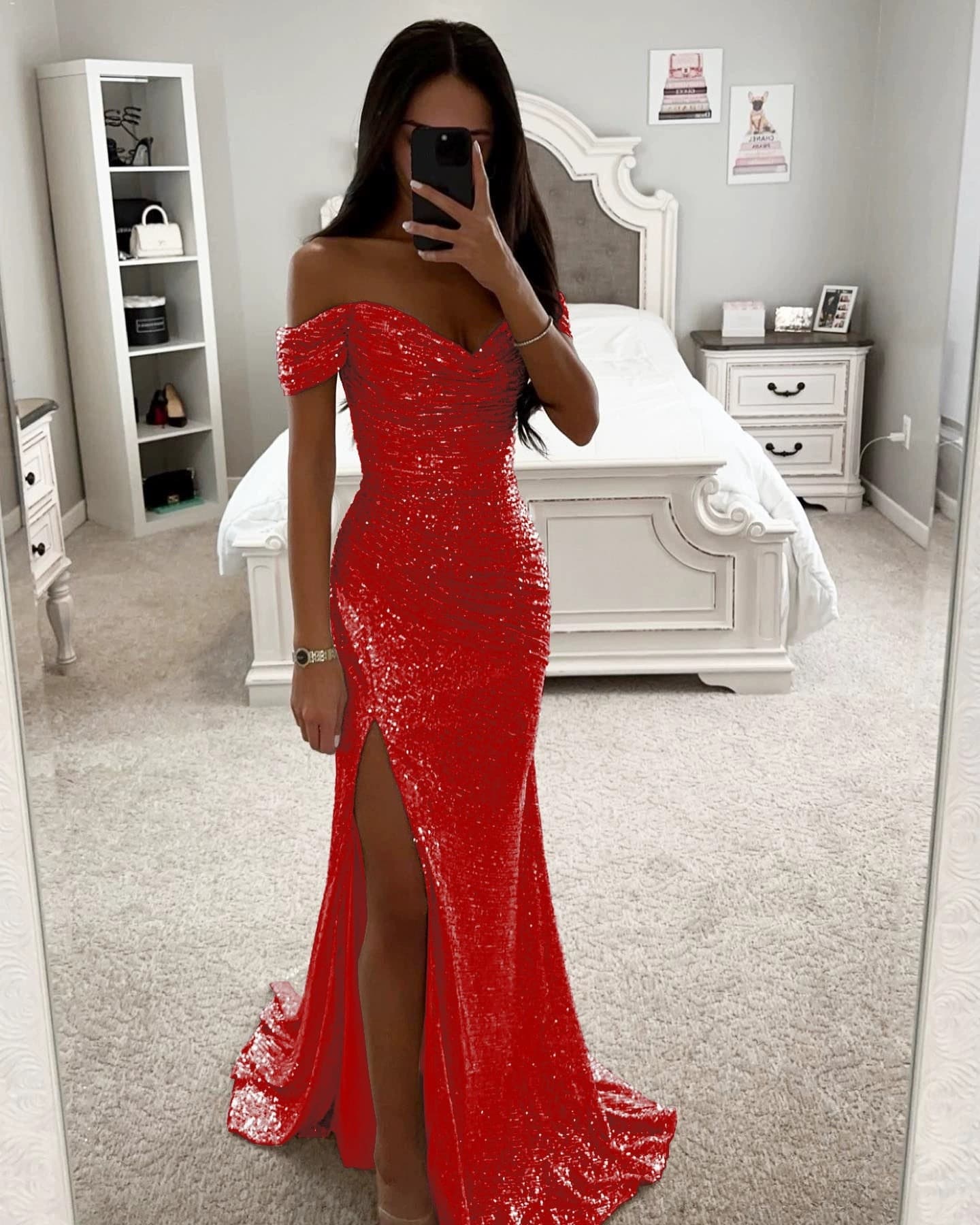 Vestido de festa com lantejoulas, decote ombro a ombro e fenda, modelo casual e elegante 3