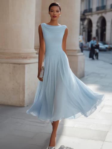 Vestido elegante e exclusivo de festa em chiffon com decote canoa para mulheres. 5