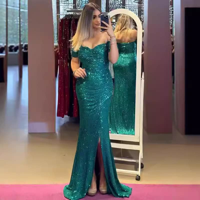 Vestido de festa com lantejoulas, decote ombro a ombro e fenda, modelo casual e elegante 4