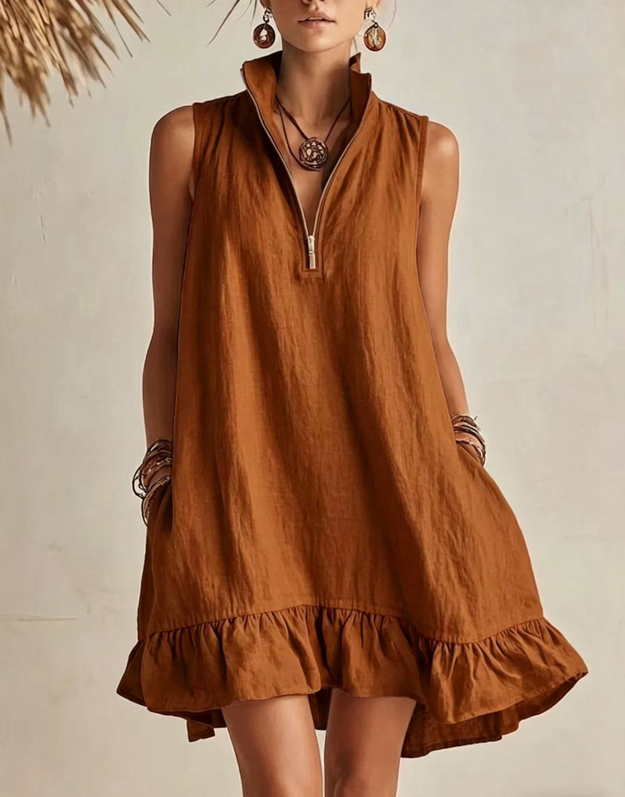 Novo Vestido Casual Elegante, Solto, Com Meio ZíPer E Sem Mangas, Com Barra Franzida.