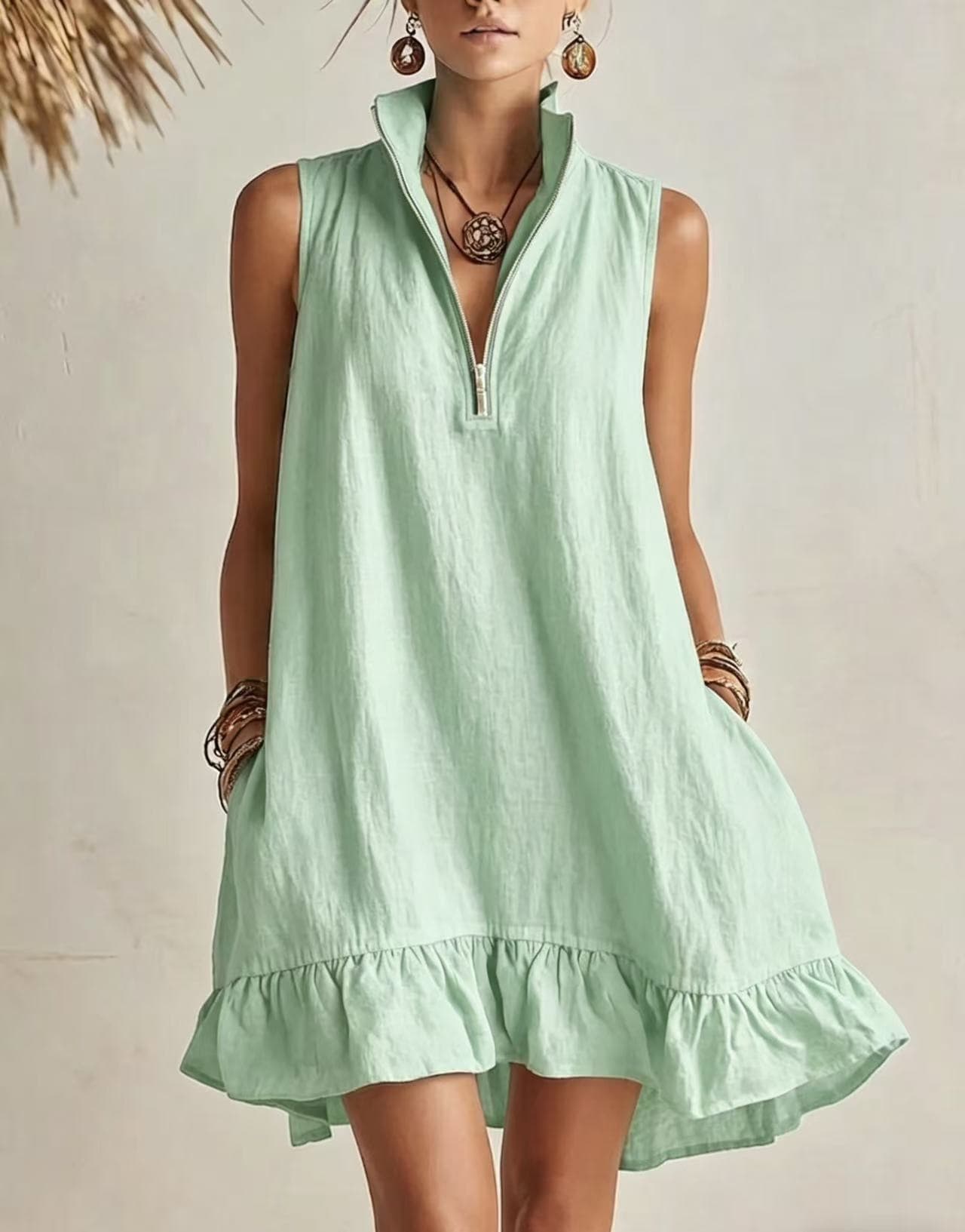 Novo Vestido Casual Elegante, Solto, Com Meio ZíPer E Sem Mangas, Com Barra Franzida.