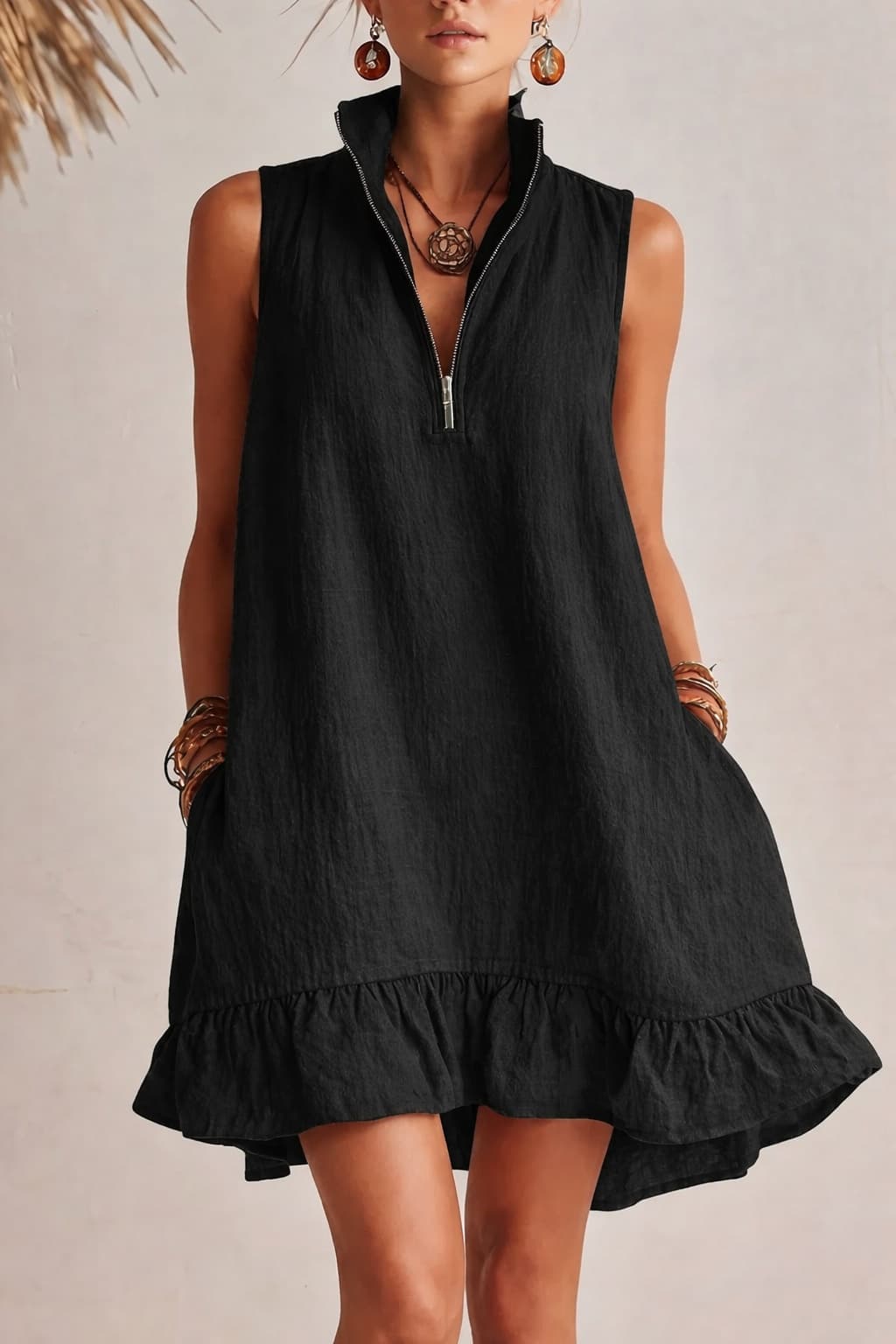 Novo Vestido Casual Elegante, Solto, Com Meio ZíPer E Sem Mangas, Com Barra Franzida.