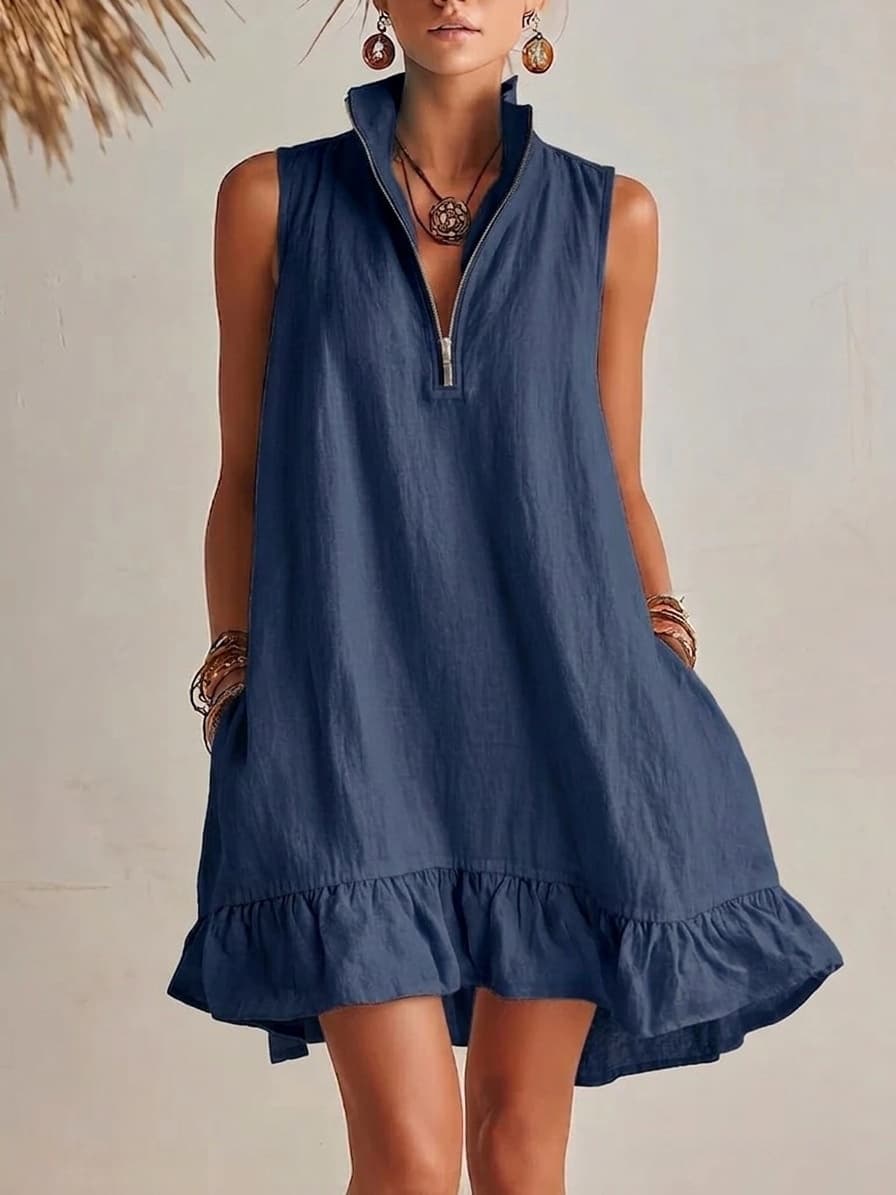 Novo Vestido Casual Elegante, Solto, Com Meio ZíPer E Sem Mangas, Com Barra Franzida.