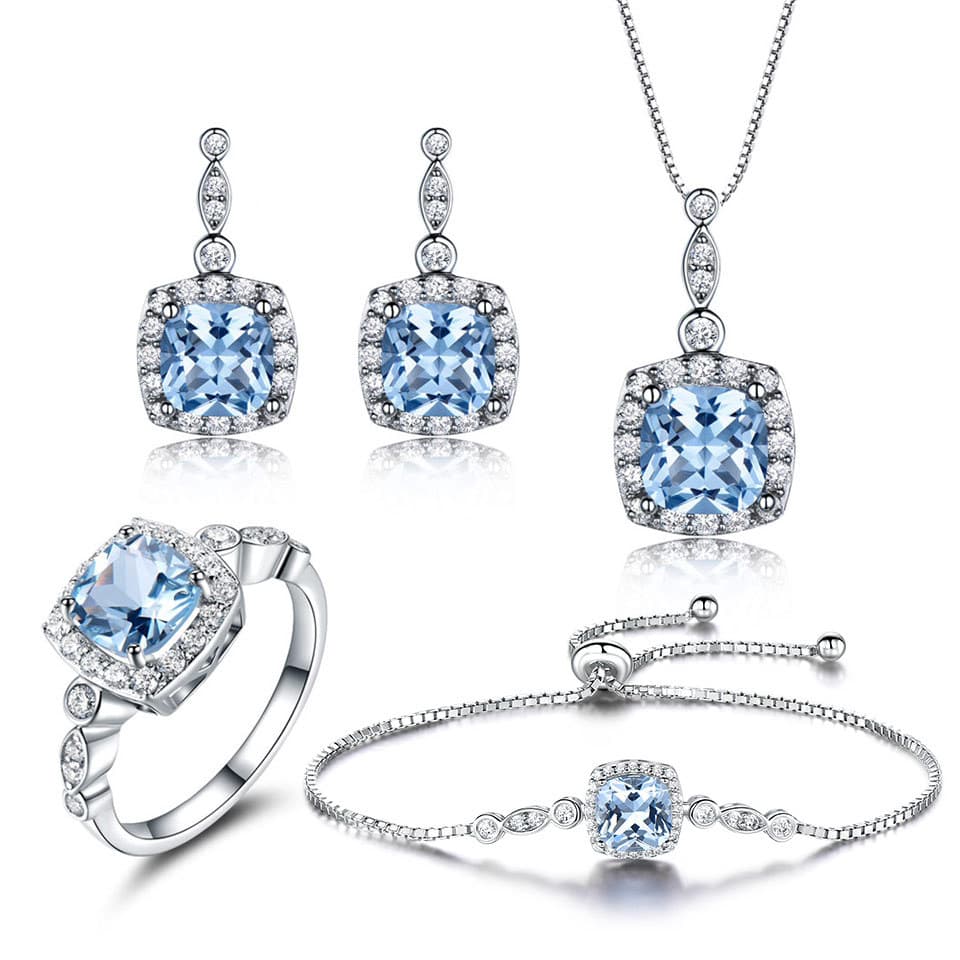 Colar de Ouro 925 Azul Céu Topázio em Conjunto de Quatro Peç