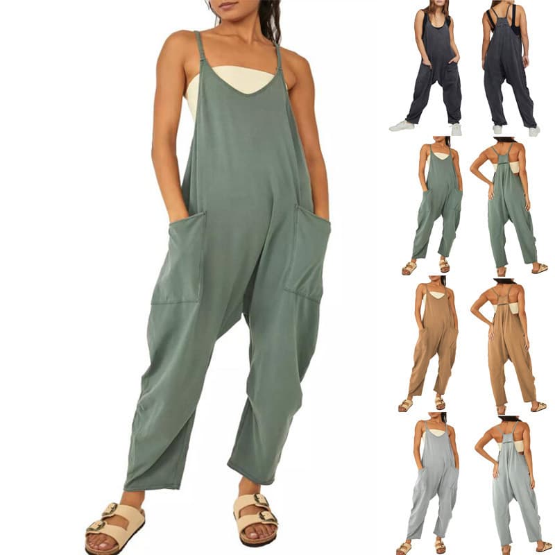 VerãO Women'S Solto Sem Mangas Jumpsuits Spaghetti AlçA Longo CalçA MacacãO MacacãO With Pockets Zipper