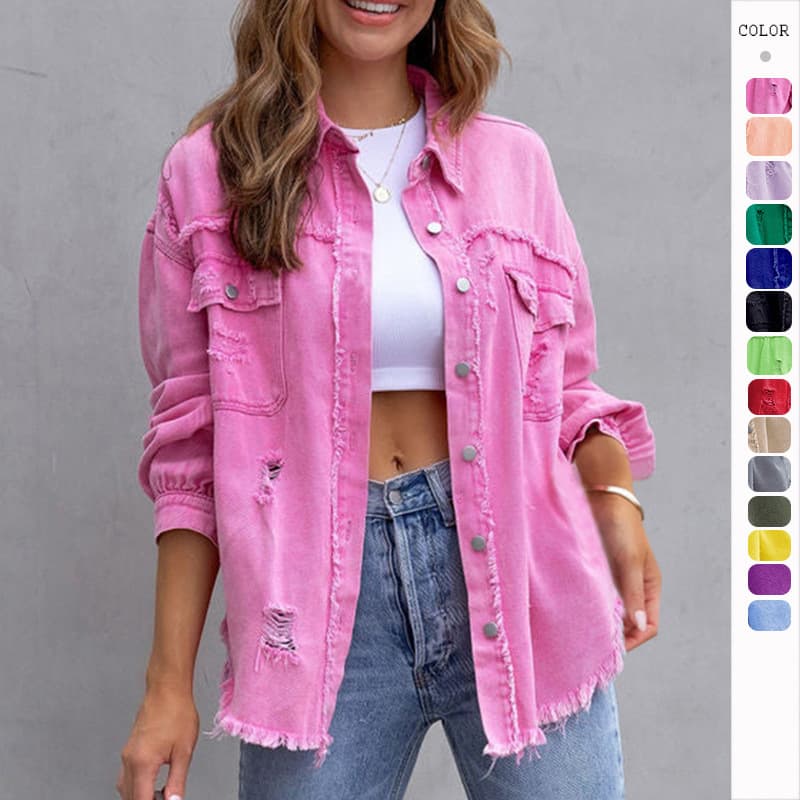 Moda Ripped Camisa Jaqueta Female Autumn And Primavera Casual Tops Feminino Clothing