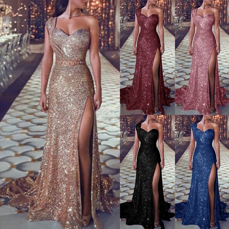 Women'S Clothing One-Shoulder Sem Mangas Bronzing Split Vestido