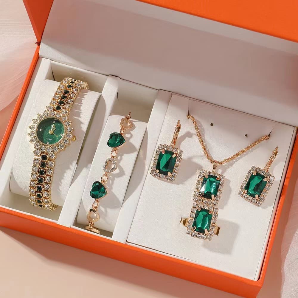 Popular Small Green RelóGio Women'S Steel Belt Quartz RelóGio Anel Gift Conjunto Boxed Five-Piece Conjunto
