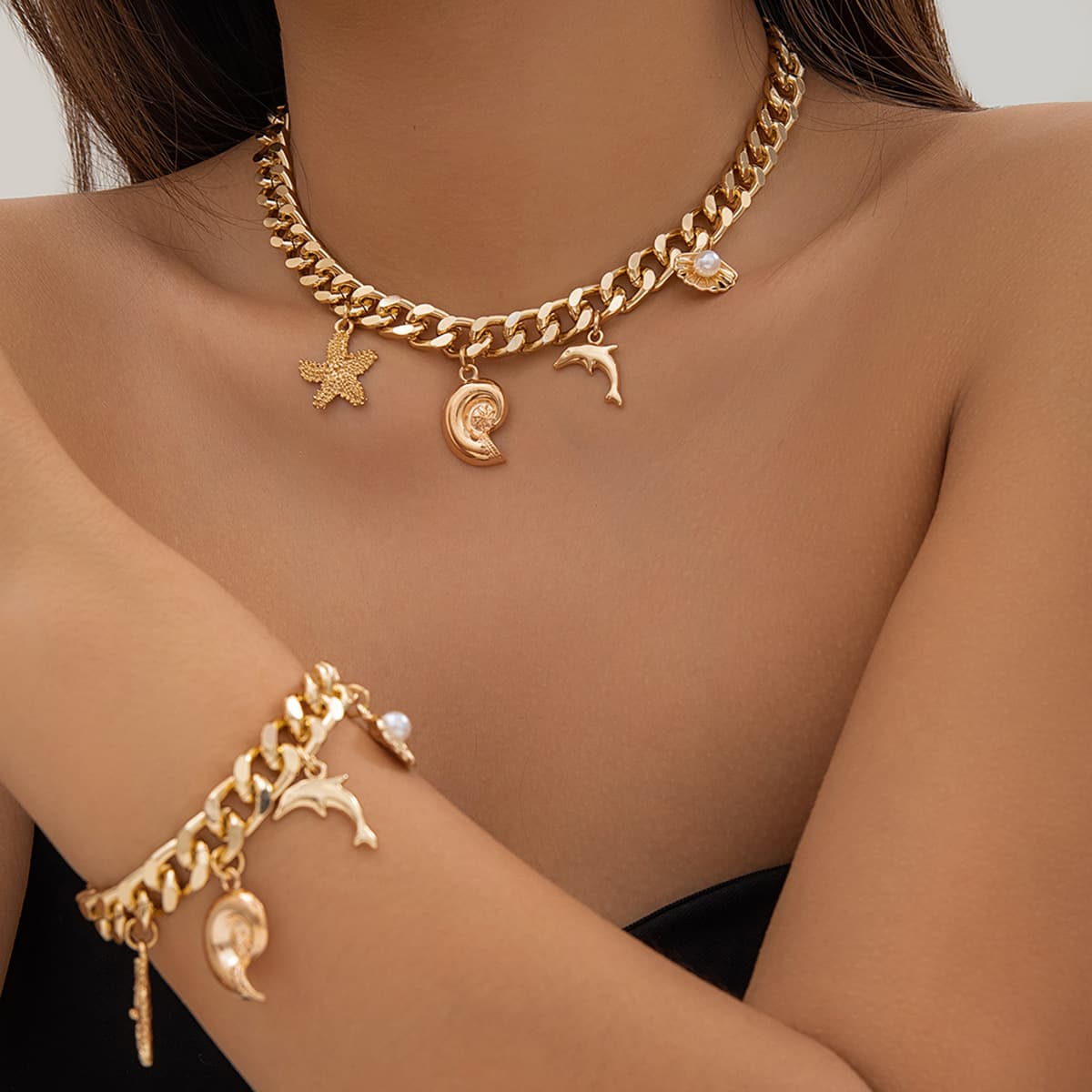 Creative Boho Conch Dolphin Starfish Pingente Gargantilha Colar Bracelets Feminino Trendy Vintage Tassel Chain Grunge Joias Moda Joias